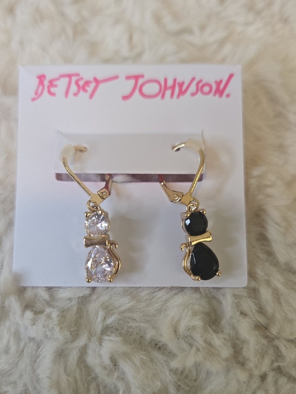 Betsey Johnson Gold Cat Drop Earrings in Black and Clear Crystal, Nwt